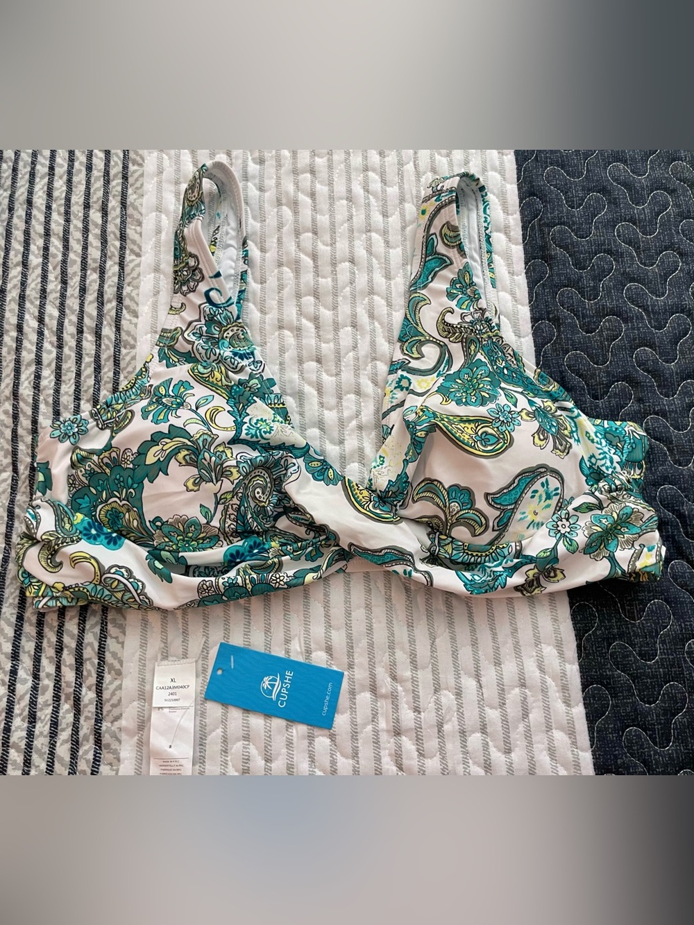 Cupshe White Paisley Cross Front Bikini Top with Teal & Green Design NWOT - XL